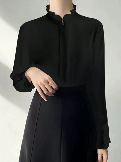 White Frill Collar Blouse For Women, Solid Color Minimalist Casual Everyday Wear Spring