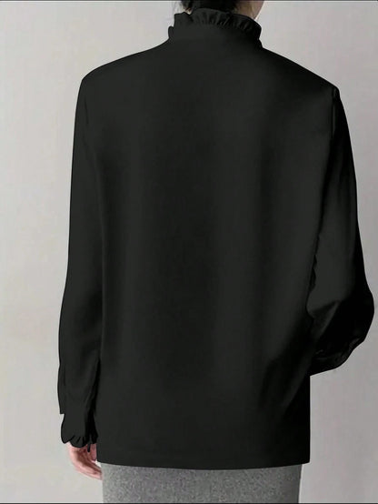 White Frill Collar Blouse For Women, Solid Color Minimalist Casual Everyday Wear Spring