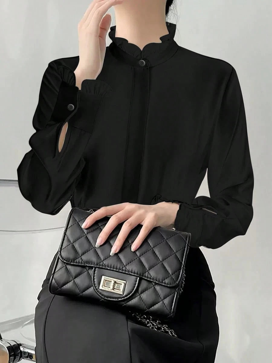 White Frill Collar Blouse For Women, Solid Color Minimalist Casual Everyday Wear Spring