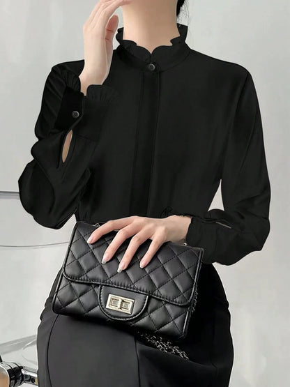 White Frill Collar Blouse For Women, Solid Color Minimalist Casual Everyday Wear Spring
