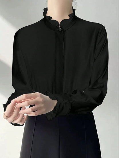 White Frill Collar Blouse For Women, Solid Color Minimalist Casual Everyday Wear Spring