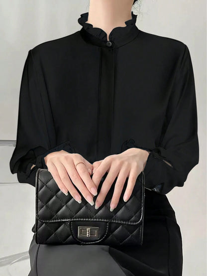 White Frill Collar Blouse For Women, Solid Color Minimalist Casual Everyday Wear Spring