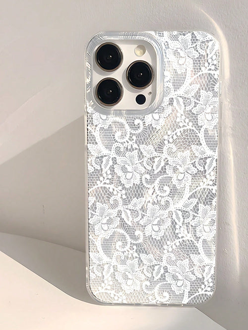 White Lace Fashion 1pc Romantic Lace Pattern Transparent Thick Protective Phone Case, Compatible With Iphone 11/12/13/14/15/16 Pro Max Spring