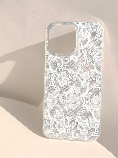 White Lace Fashion 1pc Romantic Lace Pattern Transparent Thick Protective Phone Case, Compatible With Iphone 11/12/13/14/15/16 Pro Max Spring