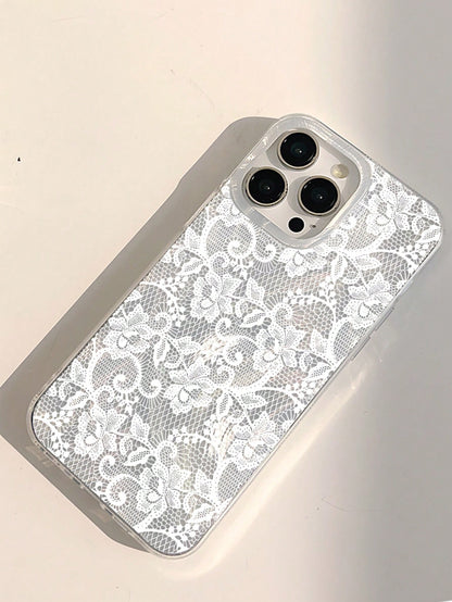 White Lace Fashion 1pc Romantic Lace Pattern Transparent Thick Protective Phone Case, Compatible With Iphone 11/12/13/14/15/16 Pro Max Spring