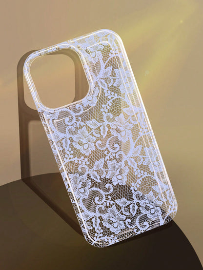 White Lace Fashion 1pc Romantic Lace Pattern Transparent Thick Protective Phone Case, Compatible With Iphone 11/12/13/14/15/16 Pro Max Spring