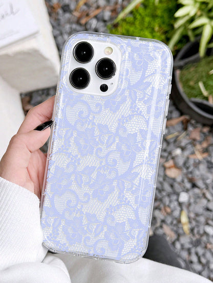 White Lace Fashion 1pc Romantic Lace Pattern Transparent Thick Protective Phone Case, Compatible With Iphone 11/12/13/14/15/16 Pro Max Spring