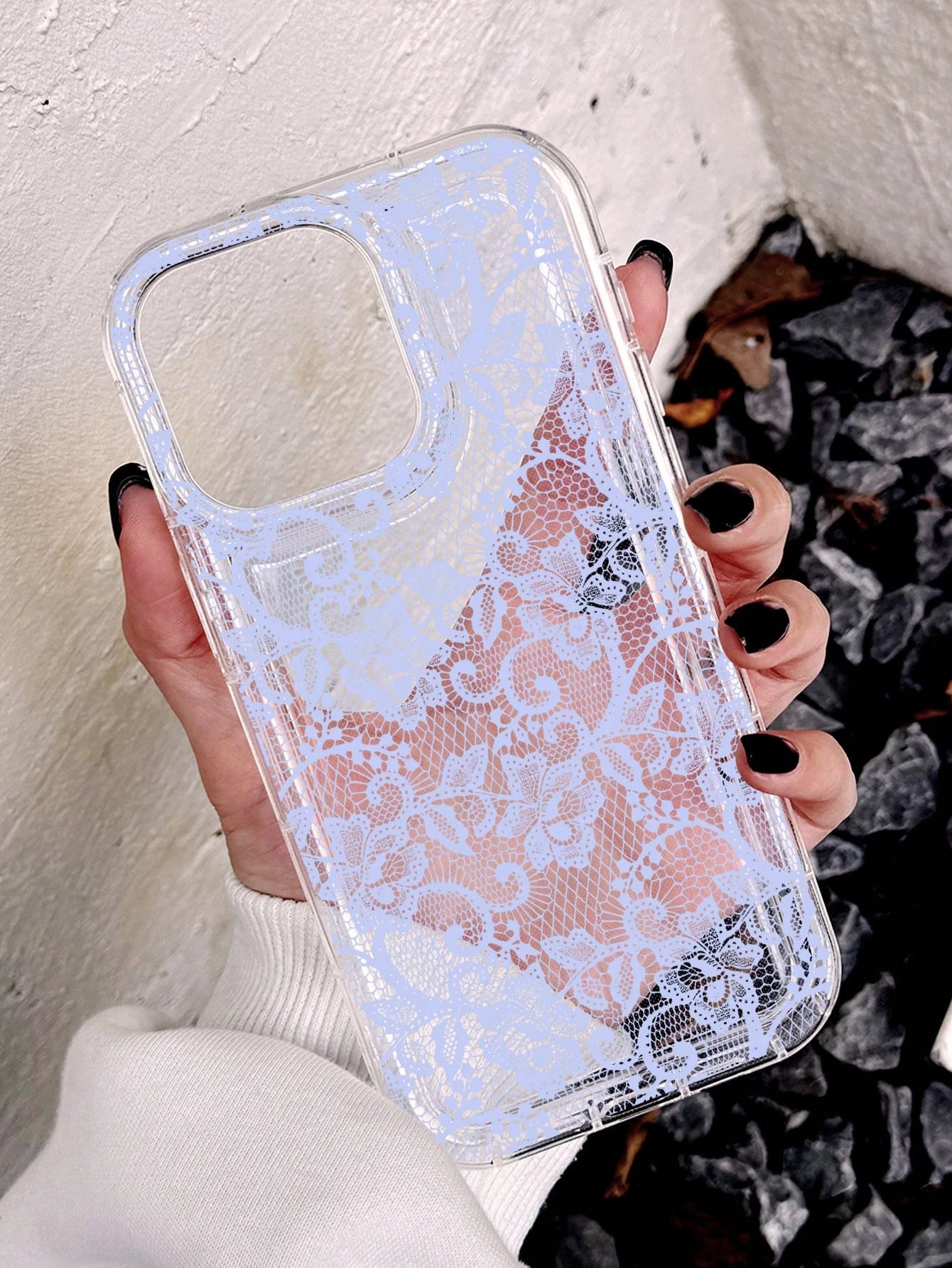 White Lace Fashion 1pc Romantic Lace Pattern Transparent Thick Protective Phone Case, Compatible With Iphone 11/12/13/14/15/16 Pro Max Spring
