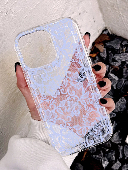 White Lace Fashion 1pc Romantic Lace Pattern Transparent Thick Protective Phone Case, Compatible With Iphone 11/12/13/14/15/16 Pro Max Spring