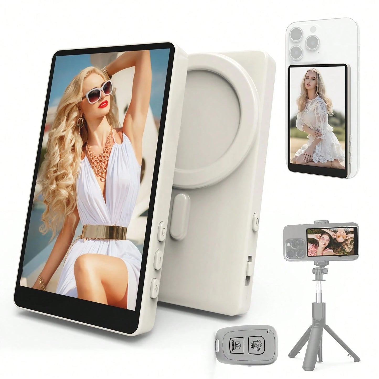White Large Size Mobile Phone Photography Accessories Tripod Fill Light Selfie Remote Control Vlog Selfie Monitor Screen For IPhone, Magnetic Back Camera Monitor With Remote Control, 4K/1080P Wireless