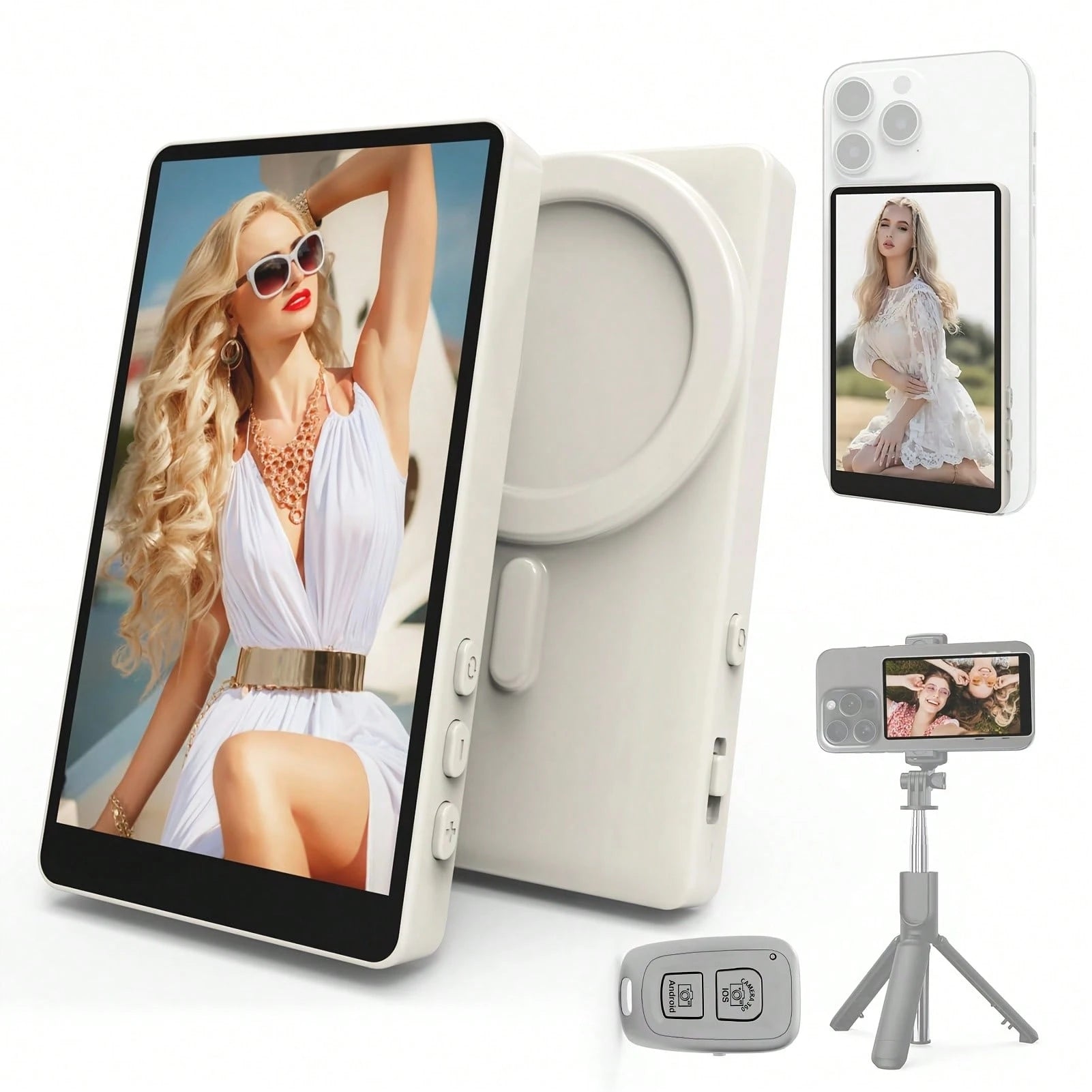 White Large Size Mobile Phone Photography Accessories Tripod Fill Light Selfie Remote Control Vlog Selfie Monitor Screen For IPhone, Magnetic Back Camera Monitor With Remote Control, 4K/1080P Wireless