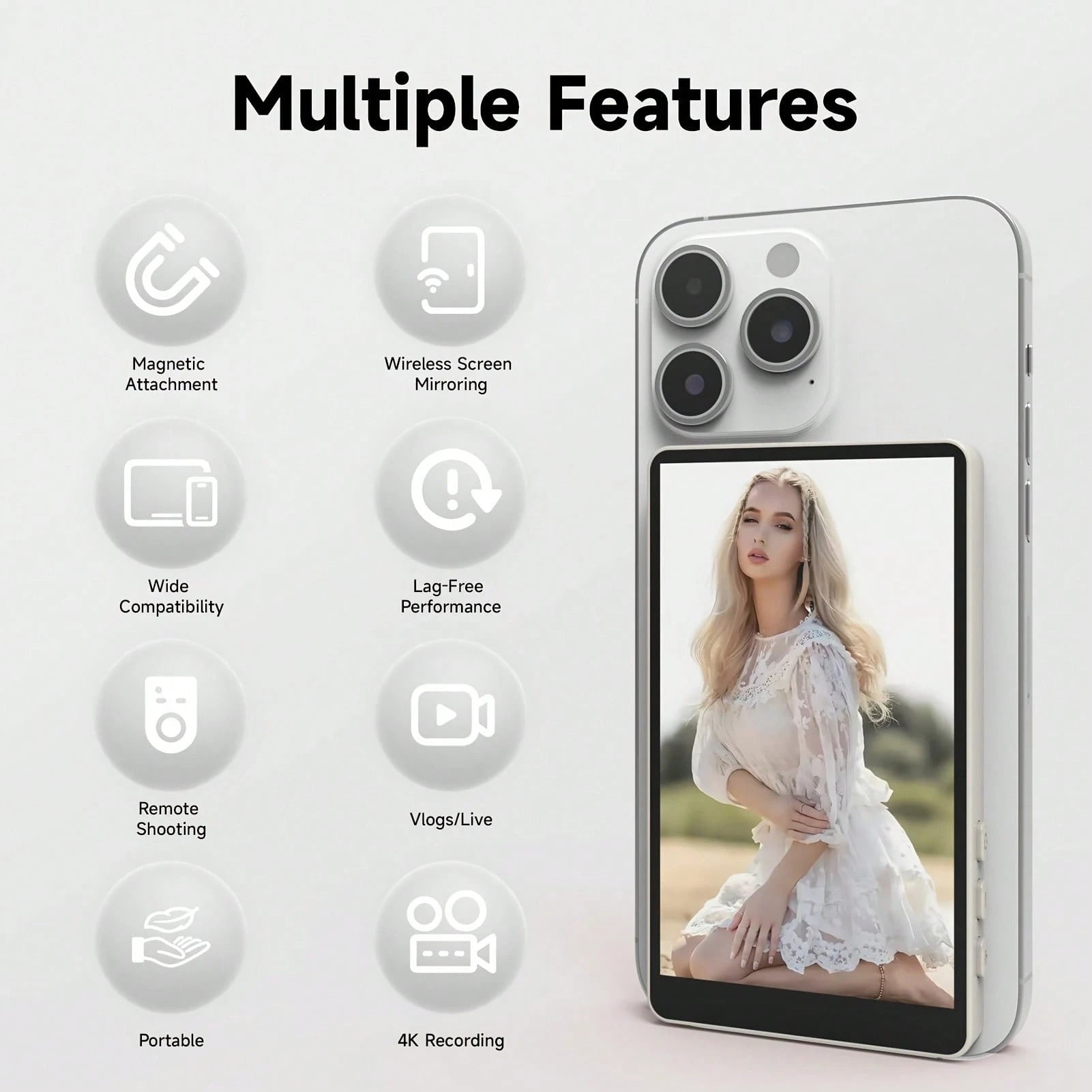 White Large Size Mobile Phone Photography Accessories Tripod Fill Light Selfie Remote Control Vlog Selfie Monitor Screen For IPhone, Magnetic Back Camera Monitor With Remote Control, 4K/1080P Wireless