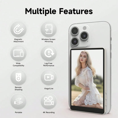 White Large Size Mobile Phone Photography Accessories Tripod Fill Light Selfie Remote Control Vlog Selfie Monitor Screen For IPhone, Magnetic Back Camera Monitor With Remote Control, 4K/1080P Wireless