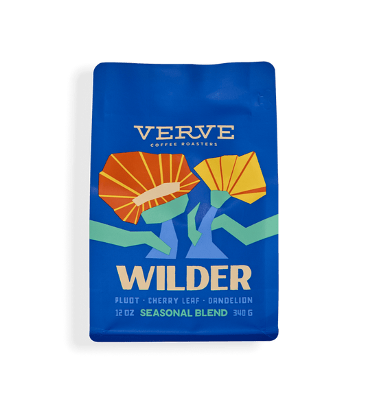 Verve Wilder Seasonal Blend coffee bag in vivid blue with bold WILDER and notes of pluot cherry leaf and dandelion.