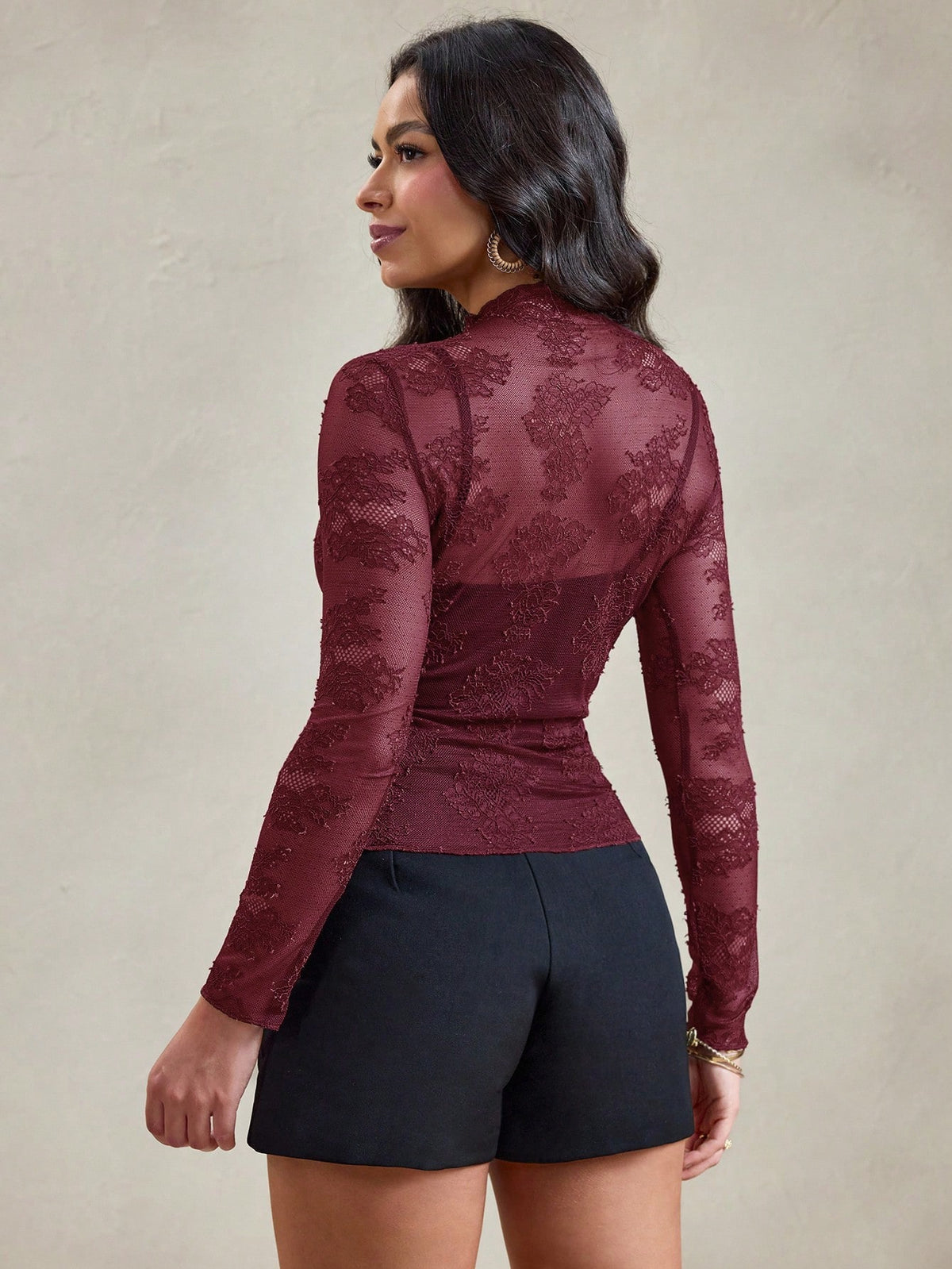 Wildy BOHO Fall Tops Chic Tops Elegant Burgundy Mesh Sheer Lace American Country Music Festival Top
