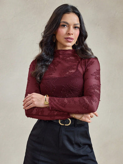 Wildy BOHO Fall Tops Chic Tops Elegant Burgundy Mesh Sheer Lace American Country Music Festival Top