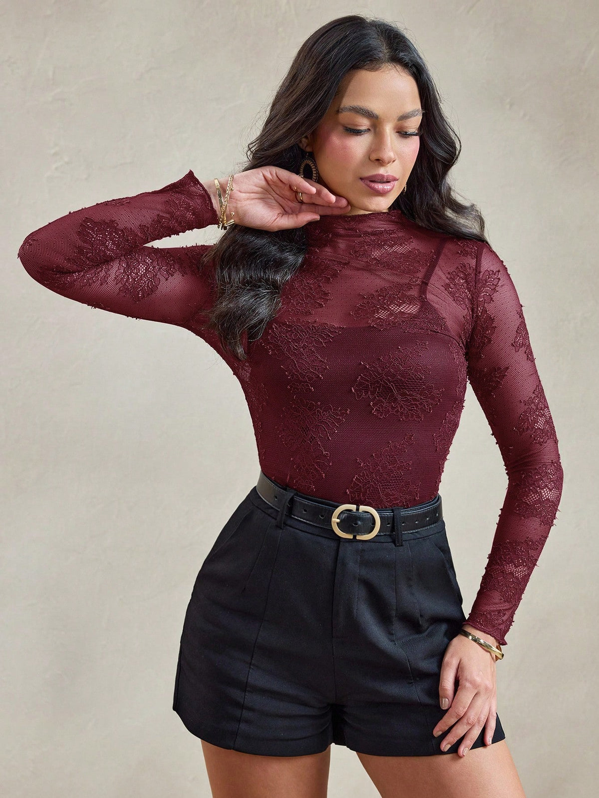 Wildy BOHO Fall Tops Chic Tops Elegant Burgundy Mesh Sheer Lace American Country Music Festival Top