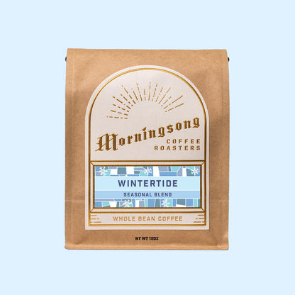 Wintertide Seasonal Blend coffee bag with blue decorative label