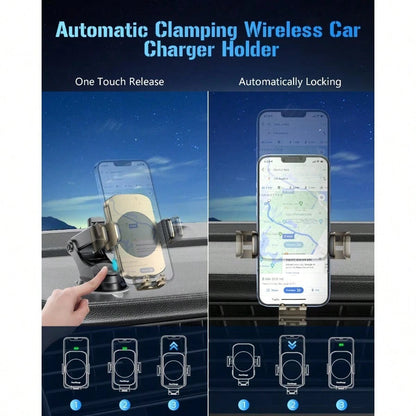 Wireless Car Charger, Fast Charging Phone Holder 3 In 1 Phone Mount Auto Clamping Car Accessories Compatible With IPhone 17 16 15 14 13 12 11 Xs XR, S23 Ultra S22 S21 S20/S10+ S9+ Note 9