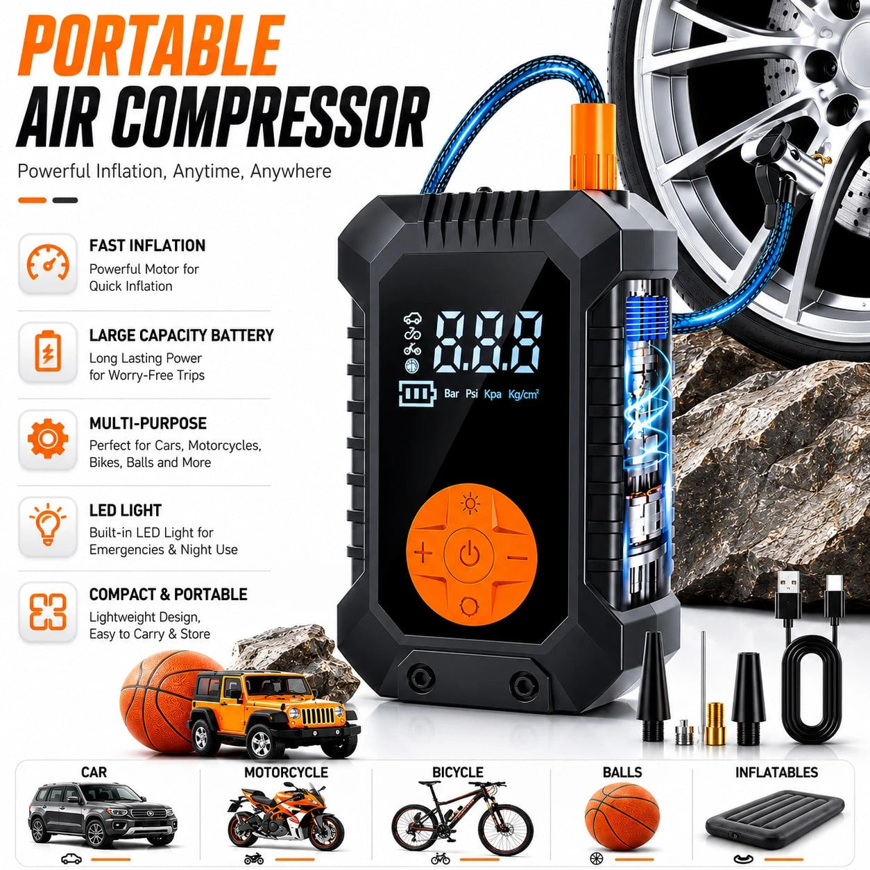 Wireless Portable Air Pump With LED Emergency Light, Digital Display Air Compressor, Rechargeable Fast Inflation Pump For Car, Motorcycle, Bicycle Tires And Sports Balls, 1500Ah 7.4V