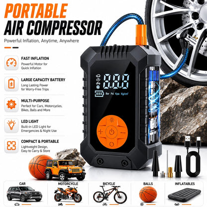Wireless Portable Air Pump With LED Emergency Light, Digital Display Air Compressor, Rechargeable Fast Inflation Pump For Car, Motorcycle, Bicycle Tires And Sports Balls, 1500Ah 7.4V