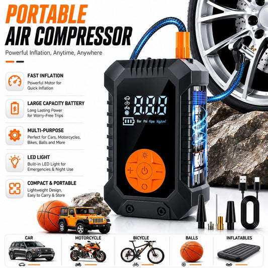 Wireless Portable Air Pump With LED Emergency Light, Digital Display Air Compressor, Rechargeable Fast Inflation Pump For Car, Motorcycle, Bicycle Tires And Sports Balls, 1500Ah 7.4V