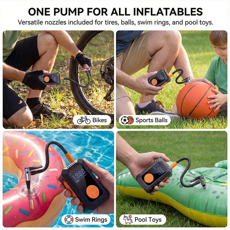 Wireless Portable Air Pump With LED Emergency Light, Digital Display Air Compressor, Rechargeable Fast Inflation Pump For Car, Motorcycle, Bicycle Tires And Sports Balls, 1500Ah 7.4V
