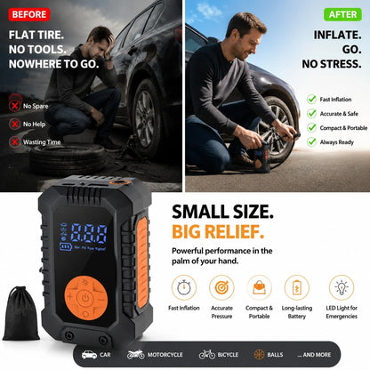 Wireless Portable Air Pump With LED Emergency Light, Digital Display Air Compressor, Rechargeable Fast Inflation Pump For Car, Motorcycle, Bicycle Tires And Sports Balls, 1500Ah 7.4V