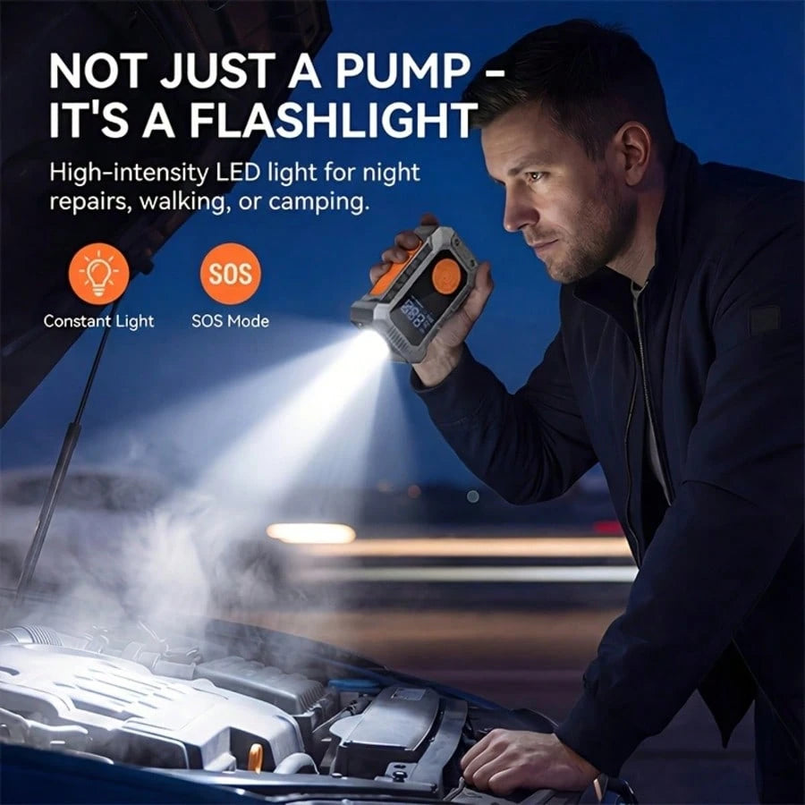 Wireless Portable Air Pump With LED Emergency Light, Digital Display Air Compressor, Rechargeable Fast Inflation Pump For Car, Motorcycle, Bicycle Tires And Sports Balls, 1500Ah 7.4V