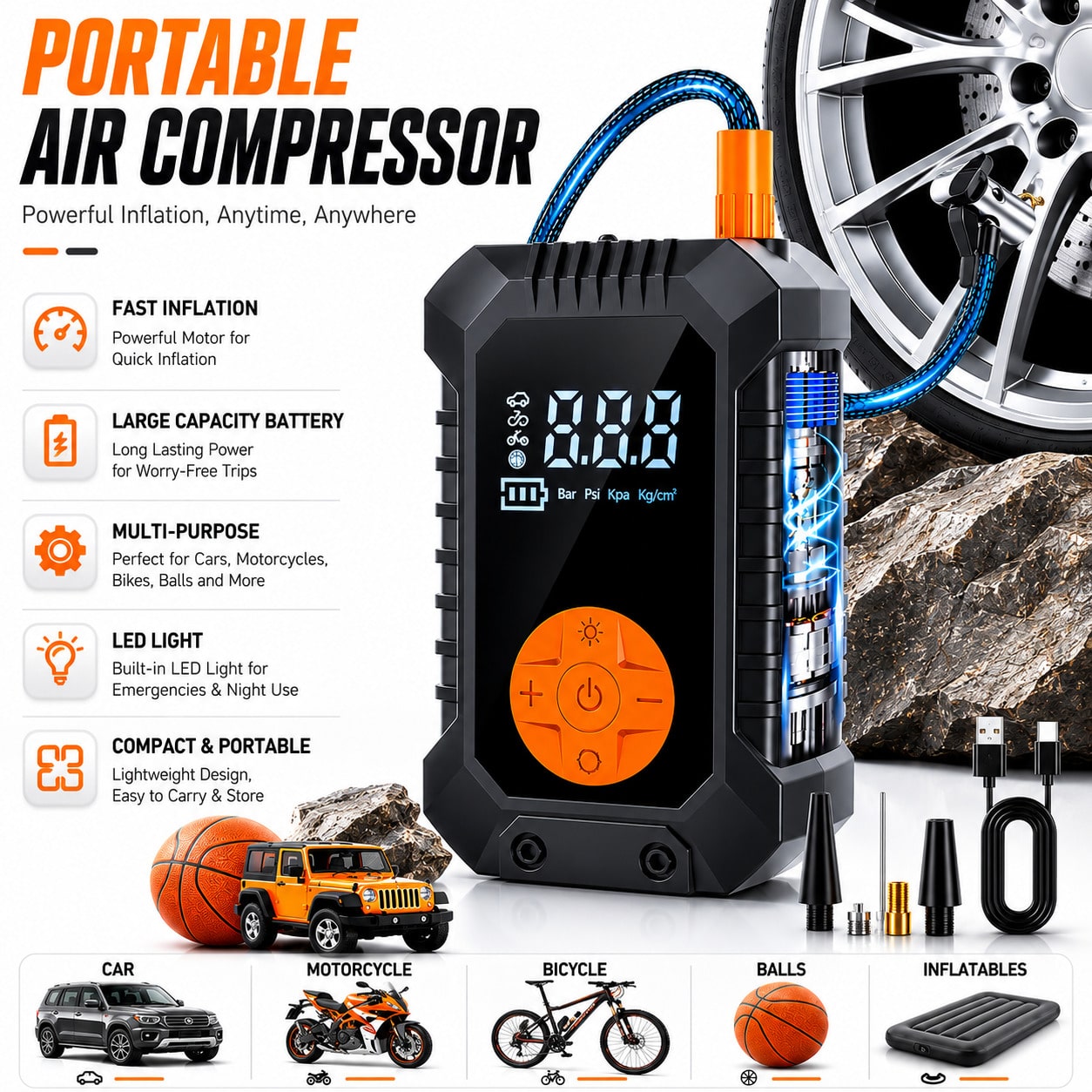 Wireless Portable Air Pump With LED Emergency Light, Digital Display Air Compressor, Rechargeable Fast Inflation Pump For Car, Motorcycle, Bicycle Tires And Sports Balls, 1500Ah 7.4V