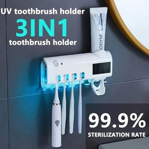 Wireless Wall-Mounted Toothbrush Holder, Ultraviolet Sterilizer, Wall-Mounted 4-Slot Toothbrush Intelligent Disinfection Toothpaste Dispenser, Solar Panel Toothbrush Wall-Mounted Bracket, Intelligent