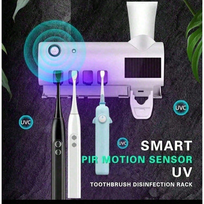 Wireless Wall-Mounted Toothbrush Holder, Ultraviolet Sterilizer, Wall-Mounted 4-Slot Toothbrush Intelligent Disinfection Toothpaste Dispenser, Solar Panel Toothbrush Wall-Mounted Bracket, Intelligent