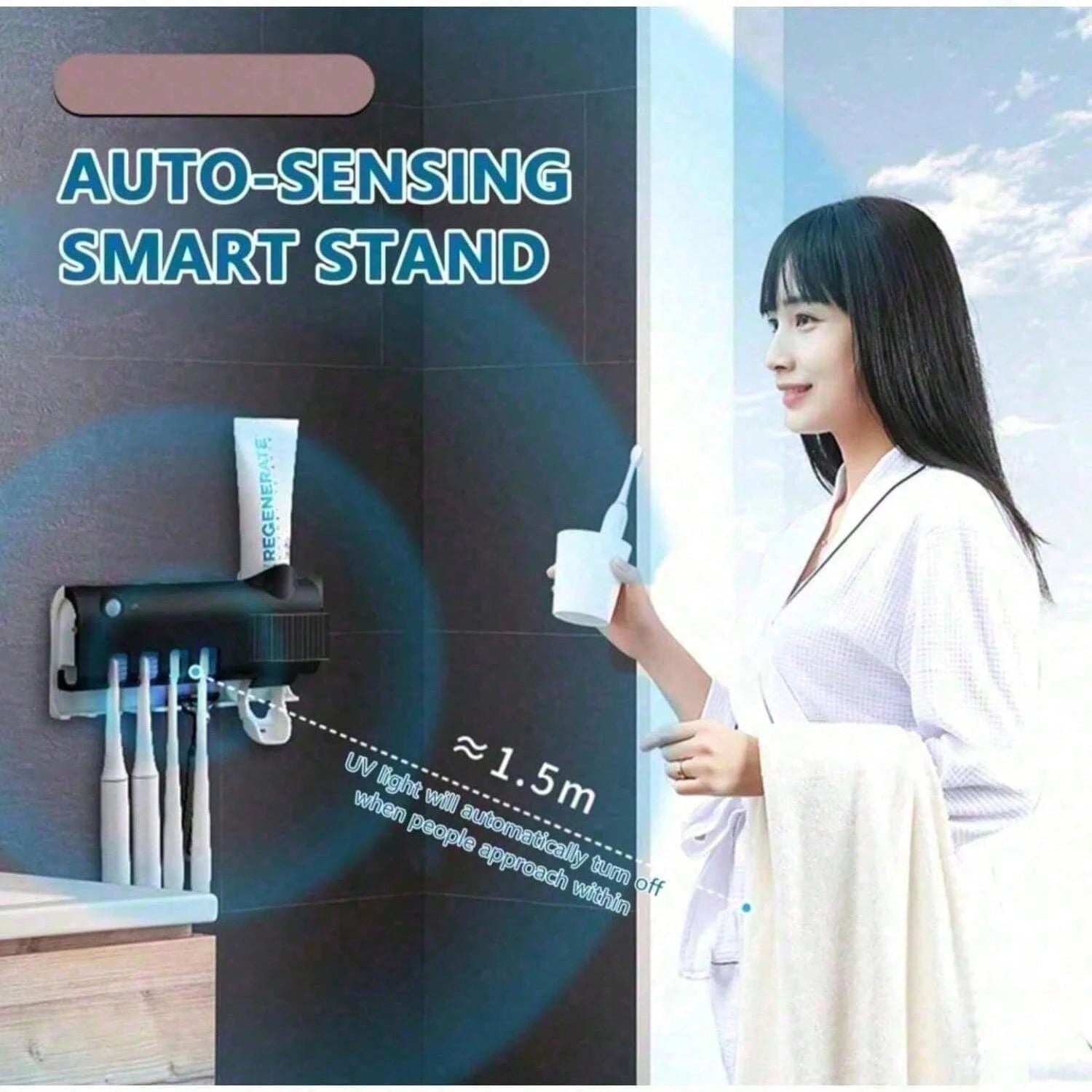 Wireless Wall-Mounted Toothbrush Holder, Ultraviolet Sterilizer, Wall-Mounted 4-Slot Toothbrush Intelligent Disinfection Toothpaste Dispenser, Solar Panel Toothbrush Wall-Mounted Bracket, Intelligent