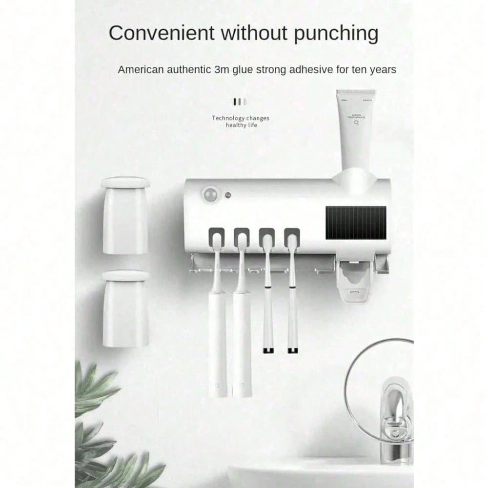 Wireless Wall-Mounted Toothbrush Holder, Ultraviolet Sterilizer, Wall-Mounted 4-Slot Toothbrush Intelligent Disinfection Toothpaste Dispenser, Solar Panel Toothbrush Wall-Mounted Bracket, Intelligent