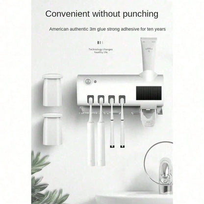 Wireless Wall-Mounted Toothbrush Holder, Ultraviolet Sterilizer, Wall-Mounted 4-Slot Toothbrush Intelligent Disinfection Toothpaste Dispenser, Solar Panel Toothbrush Wall-Mounted Bracket, Intelligent