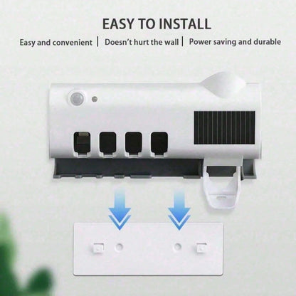 Wireless Wall-Mounted Toothbrush Holder, Ultraviolet Sterilizer, Wall-Mounted 4-Slot Toothbrush Intelligent Disinfection Toothpaste Dispenser, Solar Panel Toothbrush Wall-Mounted Bracket, Intelligent