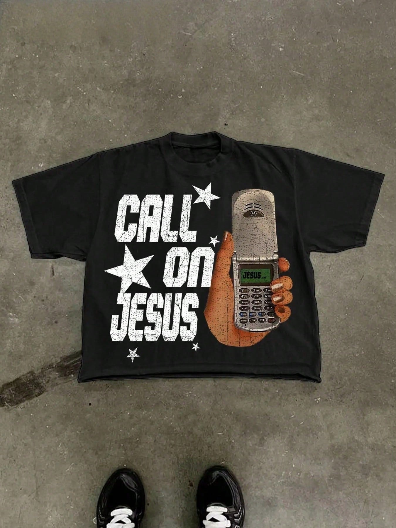 With Retro Phone And Star Pattern,Cotton 220 Grams Heavyweight Print T-Shirt, Casual Print,Summer