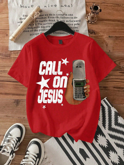 With Retro Phone And Star Pattern,Cotton 220 Grams Heavyweight Print T-Shirt, Casual Print,Summer