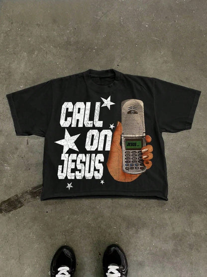 With Retro Phone And Star Pattern,Cotton 220 Grams Heavyweight Print T-Shirt, Casual Print,Summer