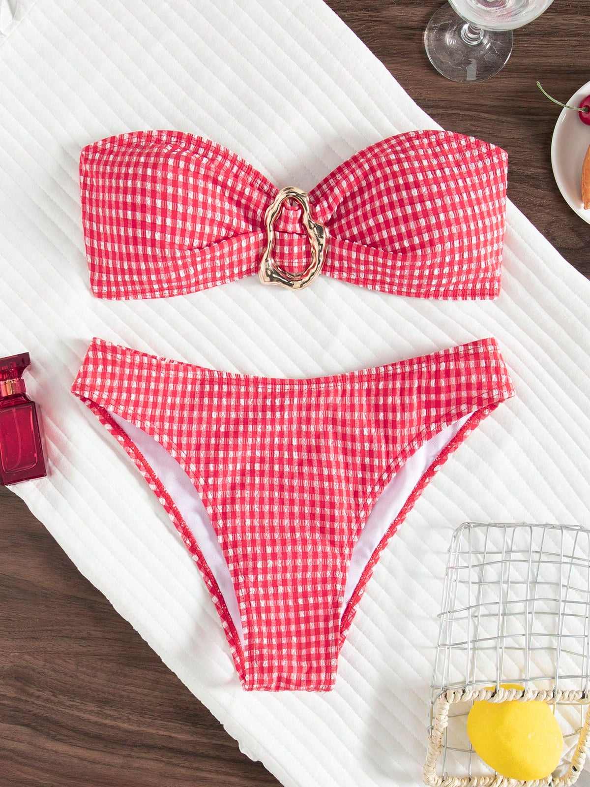 wohenmeili Women's Plaid Strapless Bikini Set, Bohemian Back Tie Design, Fresh Style Vacation Summer Beach