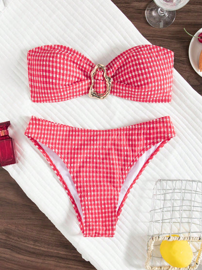 wohenmeili Women's Plaid Strapless Bikini Set, Bohemian Back Tie Design, Fresh Style Vacation Summer Beach