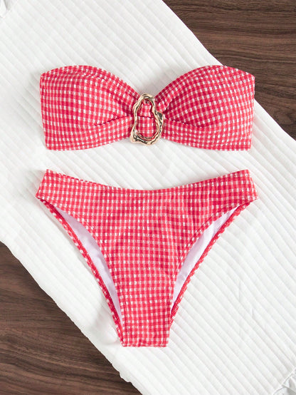 wohenmeili Women's Plaid Strapless Bikini Set, Bohemian Back Tie Design, Fresh Style Vacation Summer Beach
