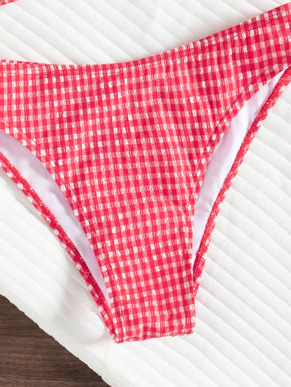 wohenmeili Women's Plaid Strapless Bikini Set, Bohemian Back Tie Design, Fresh Style Vacation Summer Beach