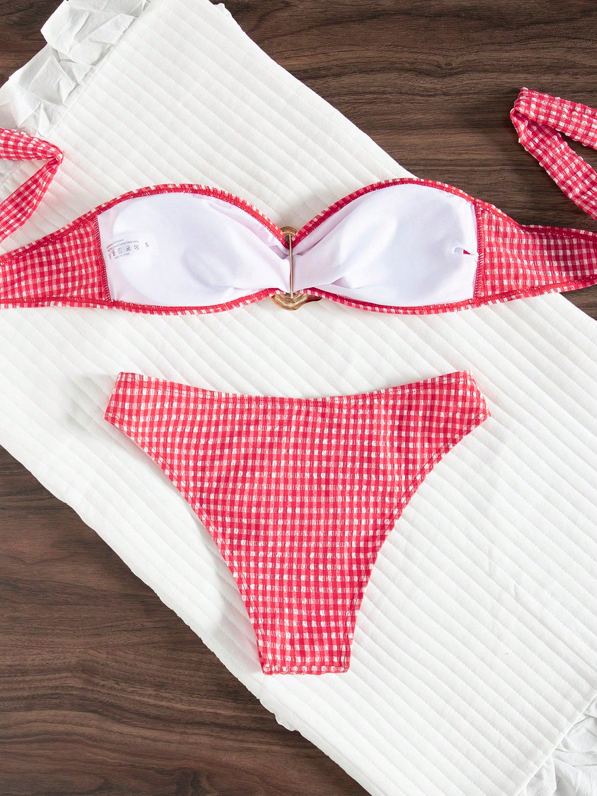 wohenmeili Women's Plaid Strapless Bikini Set, Bohemian Back Tie Design, Fresh Style Vacation Summer Beach