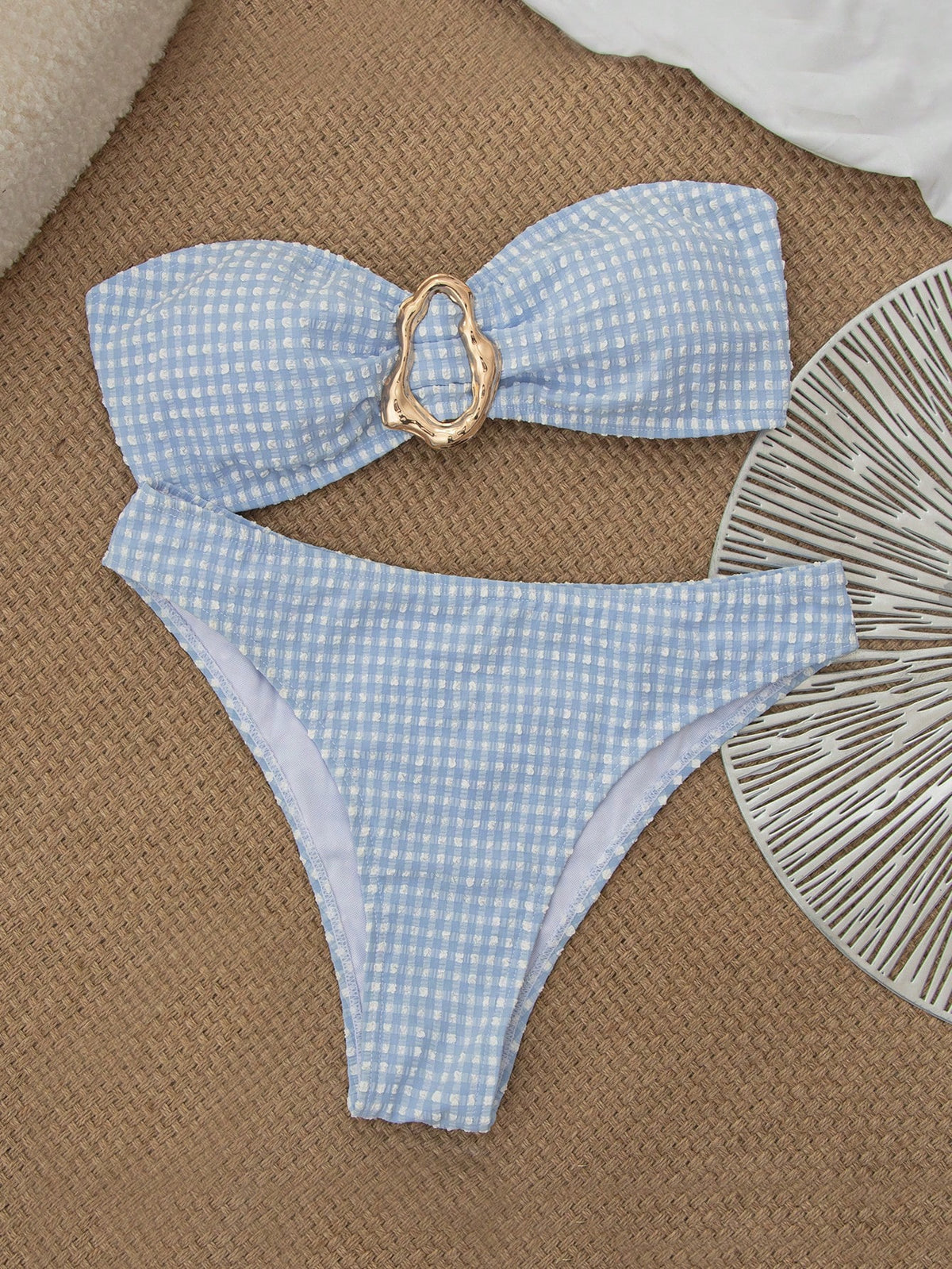wohenmeili Women's Plaid Strapless Bikini Set, Bohemian Back Tie Design, Fresh Style Vacation Summer Beach