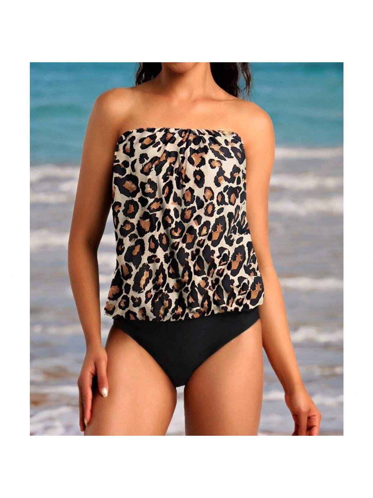 Women 2 Piece Bandeau Tankini Bottom For Tummy Control Stylish Loose Blouson Top Paired With Summer Beachwear