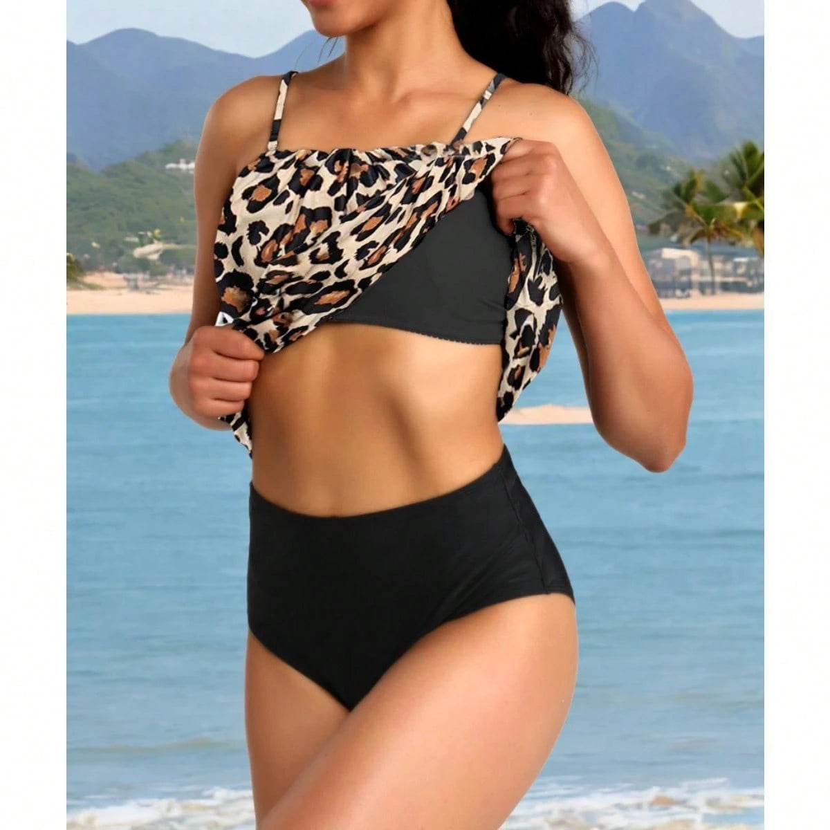 Women 2 Piece Bandeau Tankini Bottom For Tummy Control Stylish Loose Blouson Top Paired With Summer Beachwear