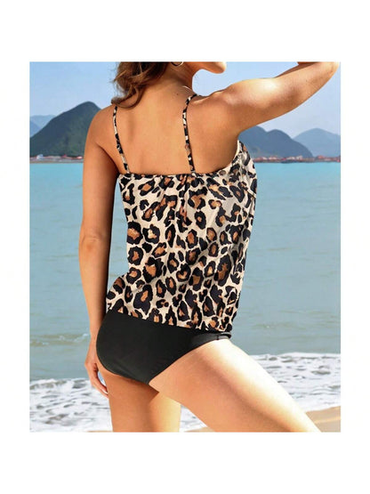 Women 2 Piece Bandeau Tankini Bottom For Tummy Control Stylish Loose Blouson Top Paired With Summer Beachwear