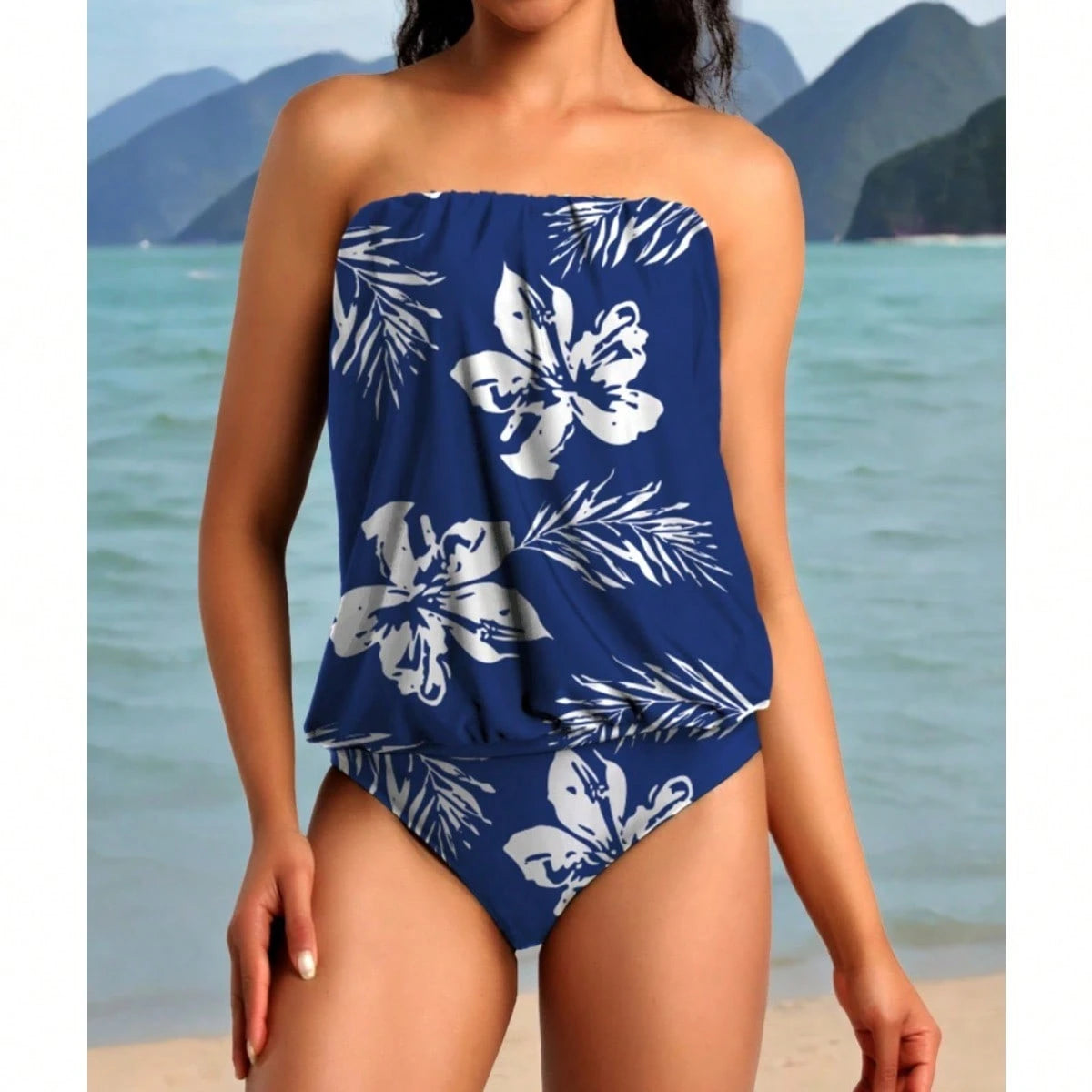 Women 2 Piece Bandeau Tankini Bottom For Tummy Control Stylish Loose Blouson Top Paired With Summer Beachwear