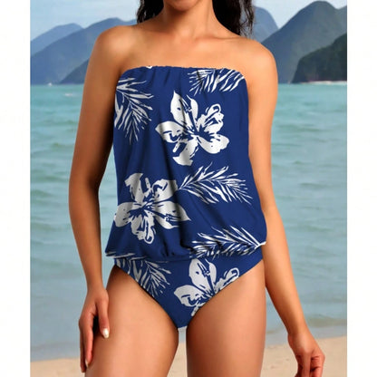 Women 2 Piece Bandeau Tankini Bottom For Tummy Control Stylish Loose Blouson Top Paired With Summer Beachwear
